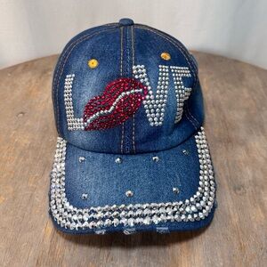 Y2K Rhinestone Denim LOVE Lips Baseball Cap
